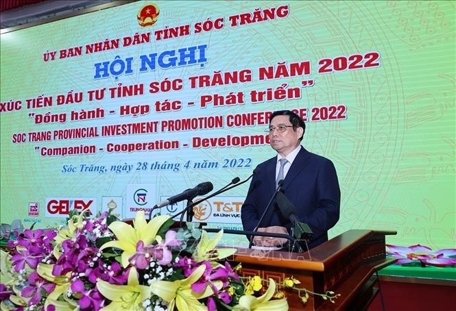 Thủ tướng Phạm Minh Chính phát biểu tại Hội nghị Xúc tiến đầu tư tỉnh Sóc Trăng sáng 28/4.