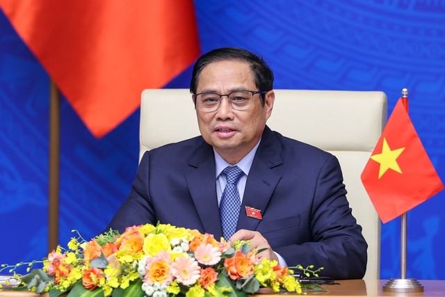Thủ tướng Chính phủ Phạm Minh Chính phát biểu theo hình thức trực tuyến tại lễ công bố khởi động thảo luận về IPEF - Ảnh: VGP