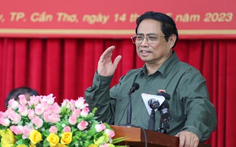 Thủ tướng Phạm Minh Chính phát biểu tại cuộc tiếp xúc cử tri sáng 14/5. Ảnh: VGP