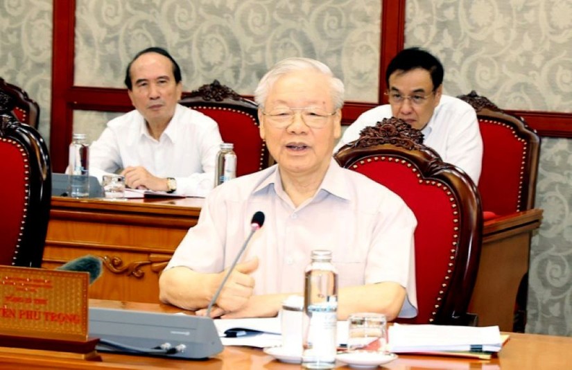 Tổng bí thư Nguyễn Phú Trọng chủ trì họp Bộ Chính trị, Ban Bí thư. Ảnh: TTXVN