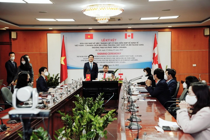 Lễ ký kết trực tuyến Bản ghi nhớ về việc thành lập Ủy ban hỗn hợp về kinh tế Việt Nam – Canada - Ảnh: Bộ Công Thương