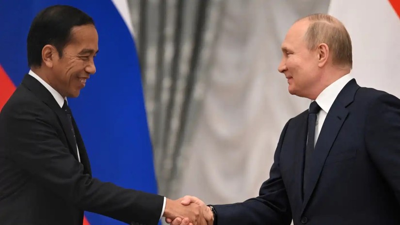 Tổng thống Indonesia Joko Widodo cùng Tổng thống Nga Vladimir Putin trong cuộc gặp mặt hôm 30/6. Ảnh: Reuters