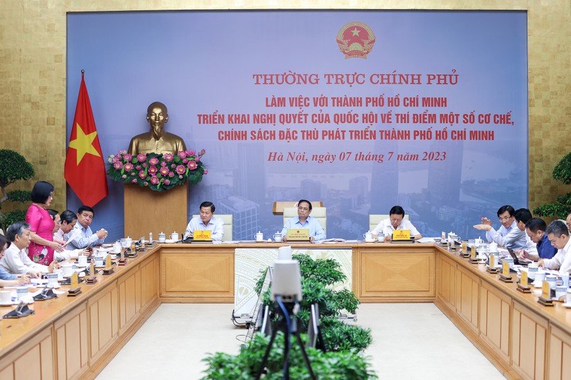 Thủ tướng Phạm Minh Chính chủ trì cuộc làm việc của Thường trực Chính phủ với TP HCM triển khai Nghị của Quốc hội về thí điểm một số cơ chế, chính sách đặc thù phát triển TPHCM - Ảnh: VGP