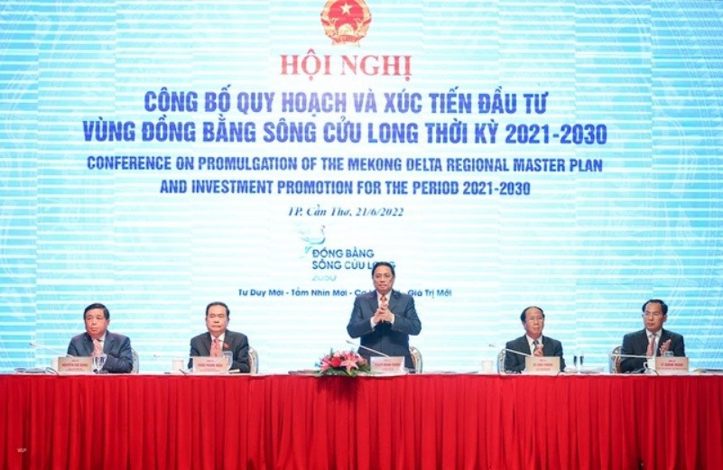 Thủ tướng Chính phủ Phạm Minh Chính tại Hội nghị công bố quy hoạch và xúc tiến đầu tư vùng Đồng bằng sông Cửu Long thời kỳ 2021 - 2030. Ảnh: VGP
