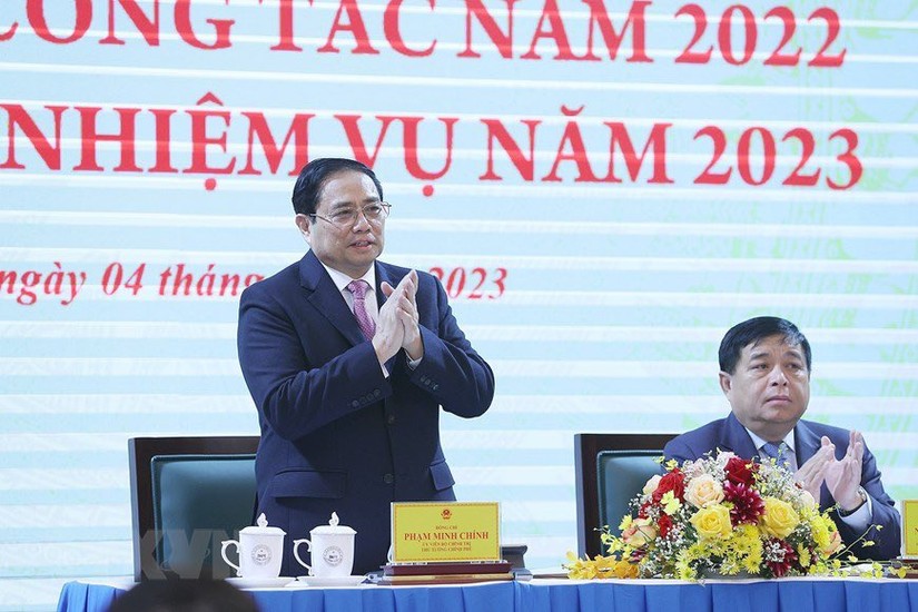 Thủ tướng Chính phủ Phạm Minh Chính tham dự Hội nghị sáng 4/1. Ảnh: MPI.