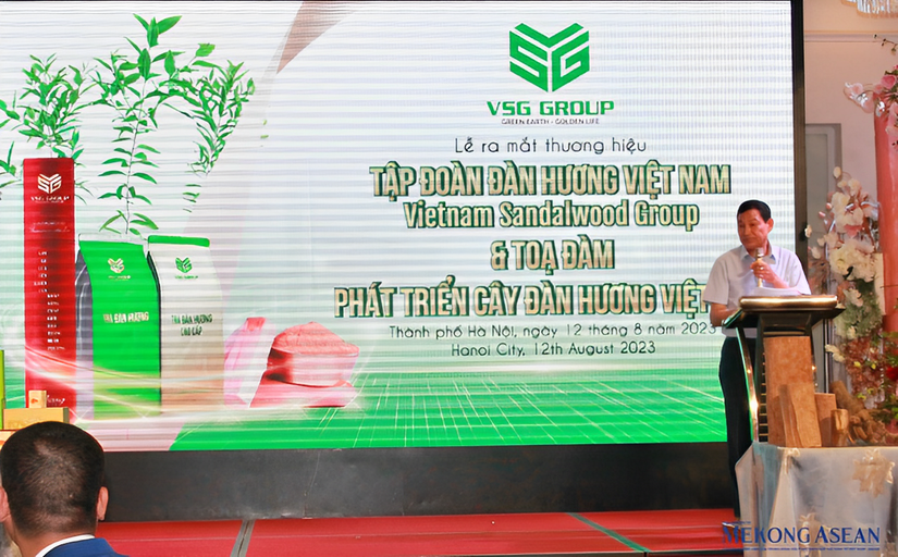Lãnh đạo tập đoàn giới thiệu về những cột mốc nghiên cứu, phát triển cây đàn hương ở Việt Nam. Ảnh: Phương Thảo.