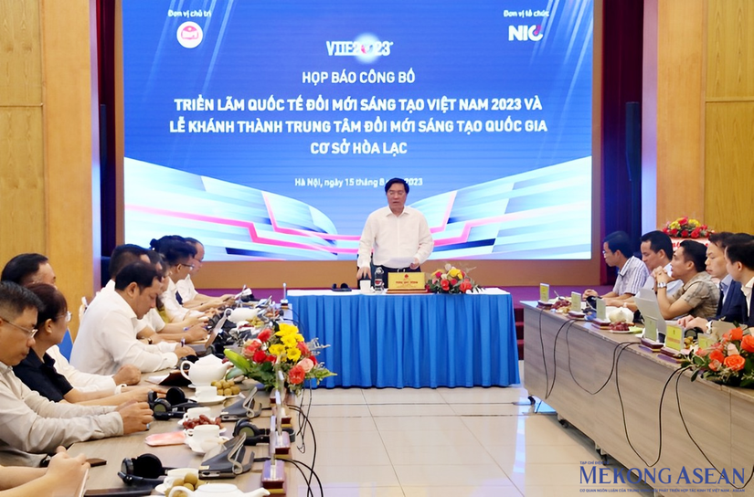 Họp báo công bố Triển lãm VIIE 2023 và Lễ khánh thành cơ sở NIC tại Khu công nghệ cao Hòa Lạc. Ảnh: Phương Thảo.